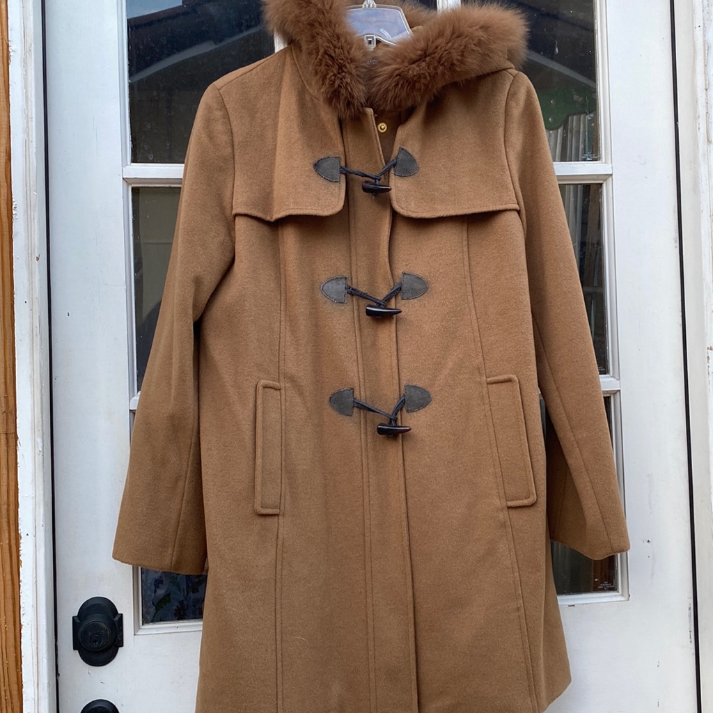 Ellen Tracy Size 12 Zippered Camel Coat Hoodie With Fox Fur Vintage